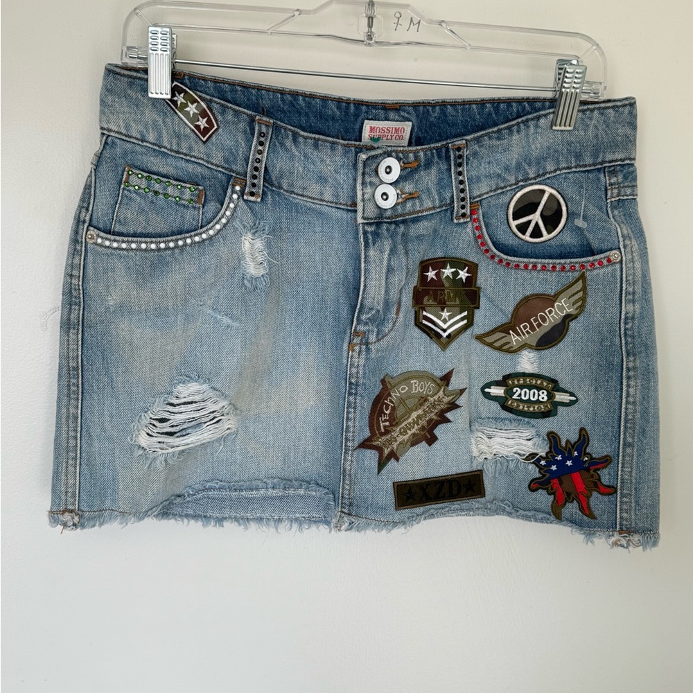 Miss Me Blue Denim Mini Skirt with Patches